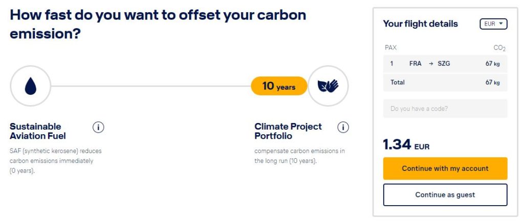 Screenshot der CO2-Kompensation für den Flug Frankfurt-Salzburg über 10 Jahre